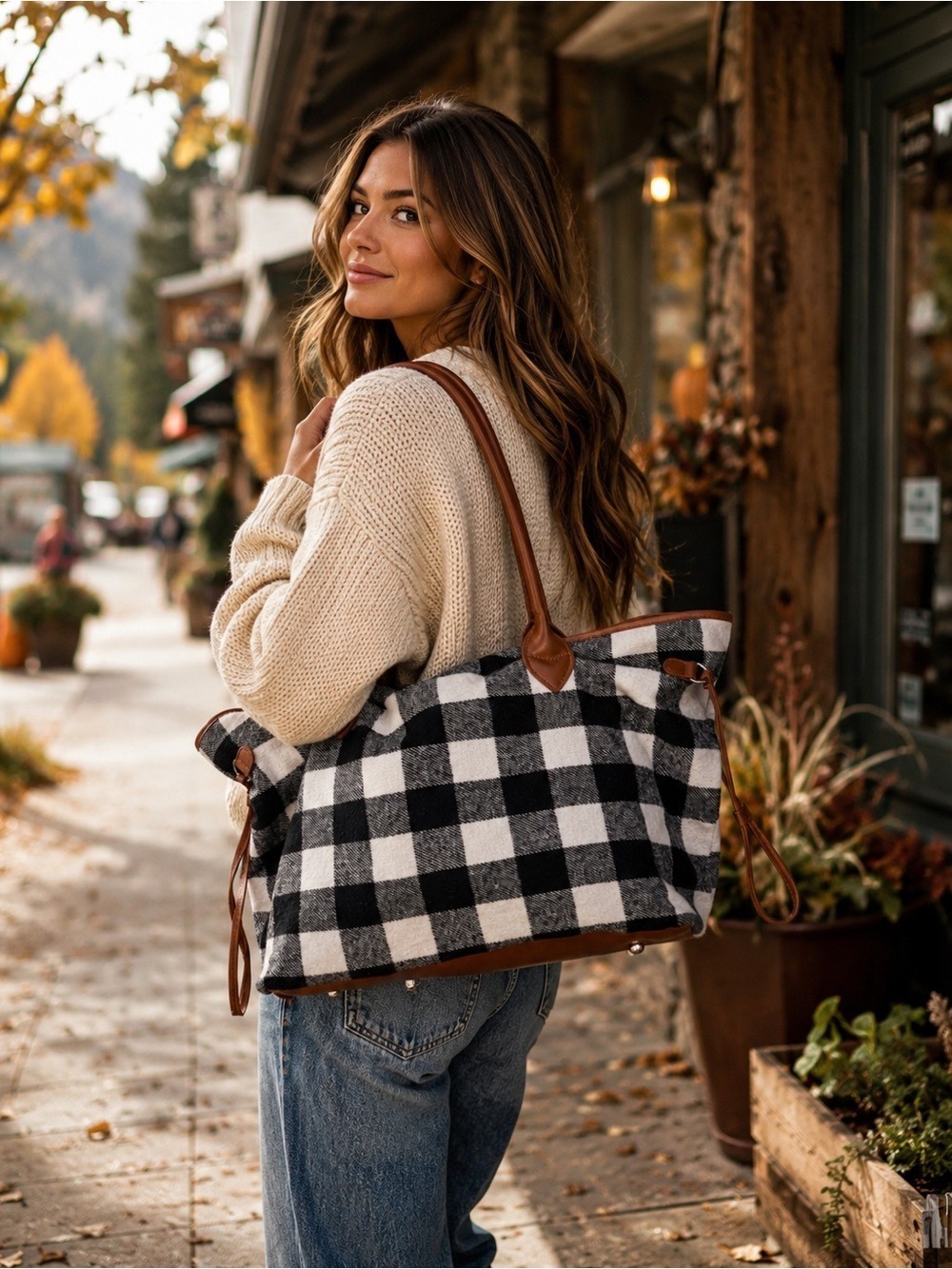 Buffalo Plaid Weekender Tote Bag Black White Cognac Faux Leather Travel Carryall
